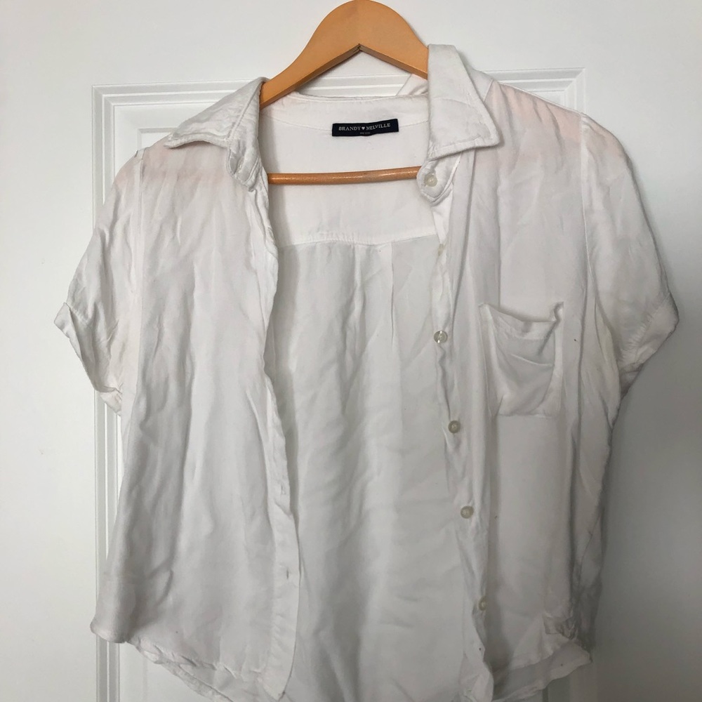 Brandy Melville White Short Sleeve Button Down Shirt One Size